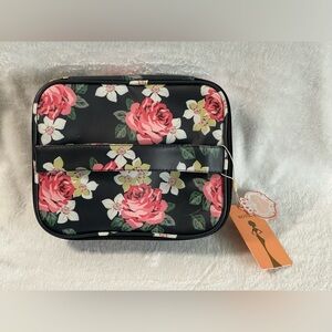 New NWT HOYOFO Black Peony Floral Print Travel Makeup Bag charger